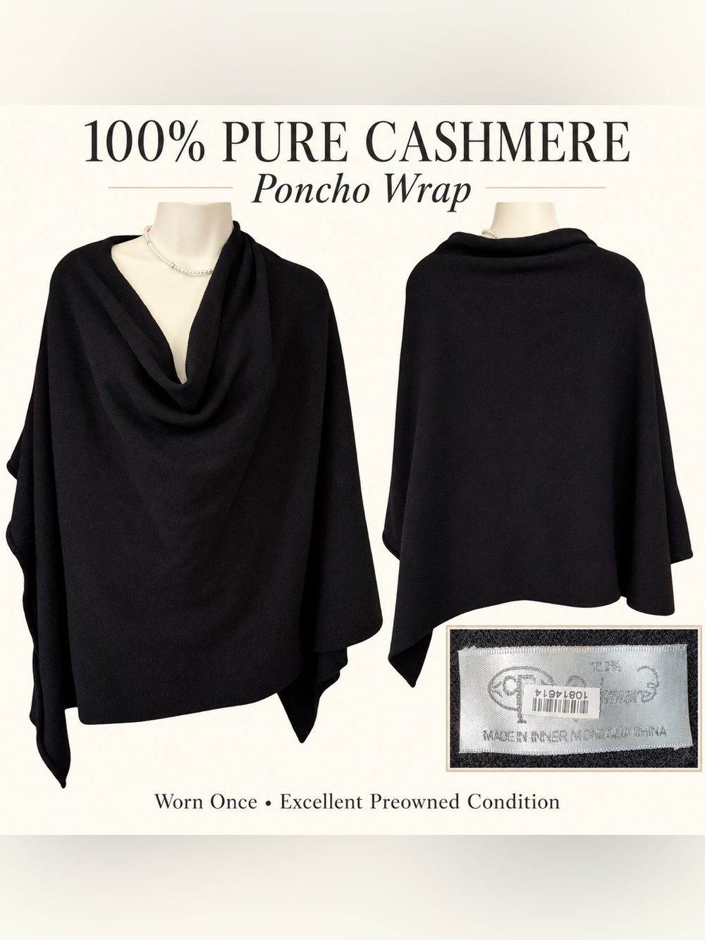 100% Pure Cashmere Black Poncho Wrap Shawl Draped Asymmetric Hem
